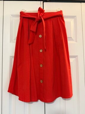 Red Button-Front A-Line Skirt with Tie Waist